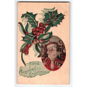 Vintage Santa Claus Christmas Postcard Holly Berries Holiday Greetings